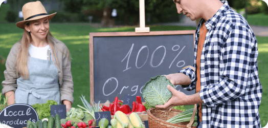 Organic food online store featuring products with sustainability messaging