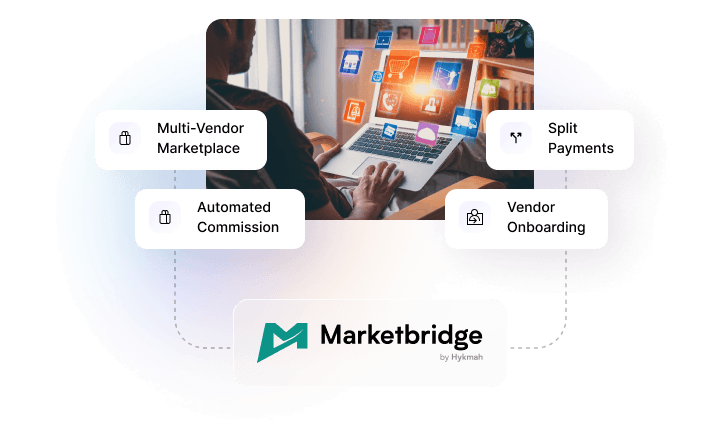 Marketbridge Dashboard: Marketplace management interface showing vendor list, commission tracking, order routing, and payout schedules