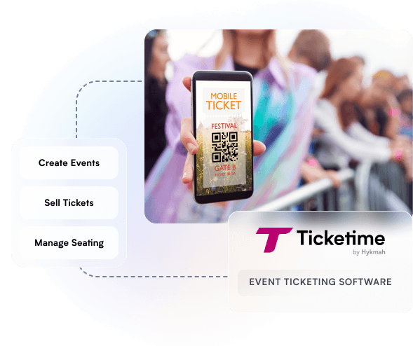 Ticketime Dashboard: Event ticketing platform showing event creation, ticket sales chart, check-in status, and attendee list