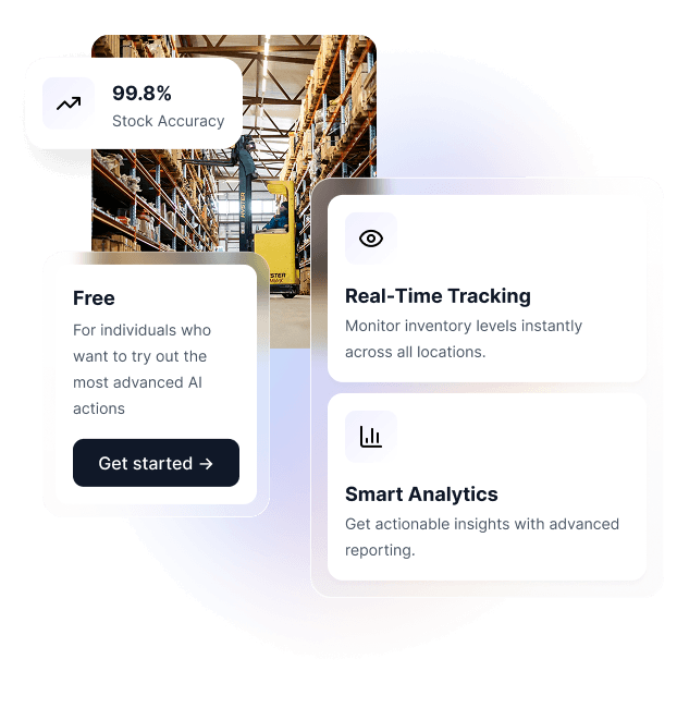 Warehouse inventory management dashboard showing 99.8% stock accuracy, real-time tracking, and smart analytics features.