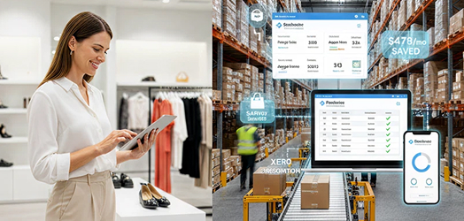 Retail manager using a tablet alongside a warehouse system showing inventory, analytics, and savings dashboard.